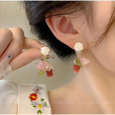 Women Pink Rose Shape Earrings